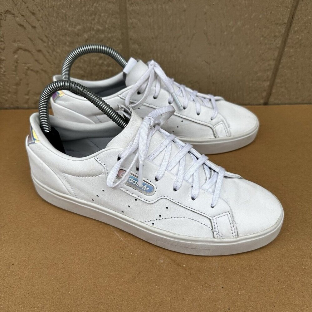 Adidas Sleek White Sneakers Shoes Iridescent Logo Size 7 EG2685